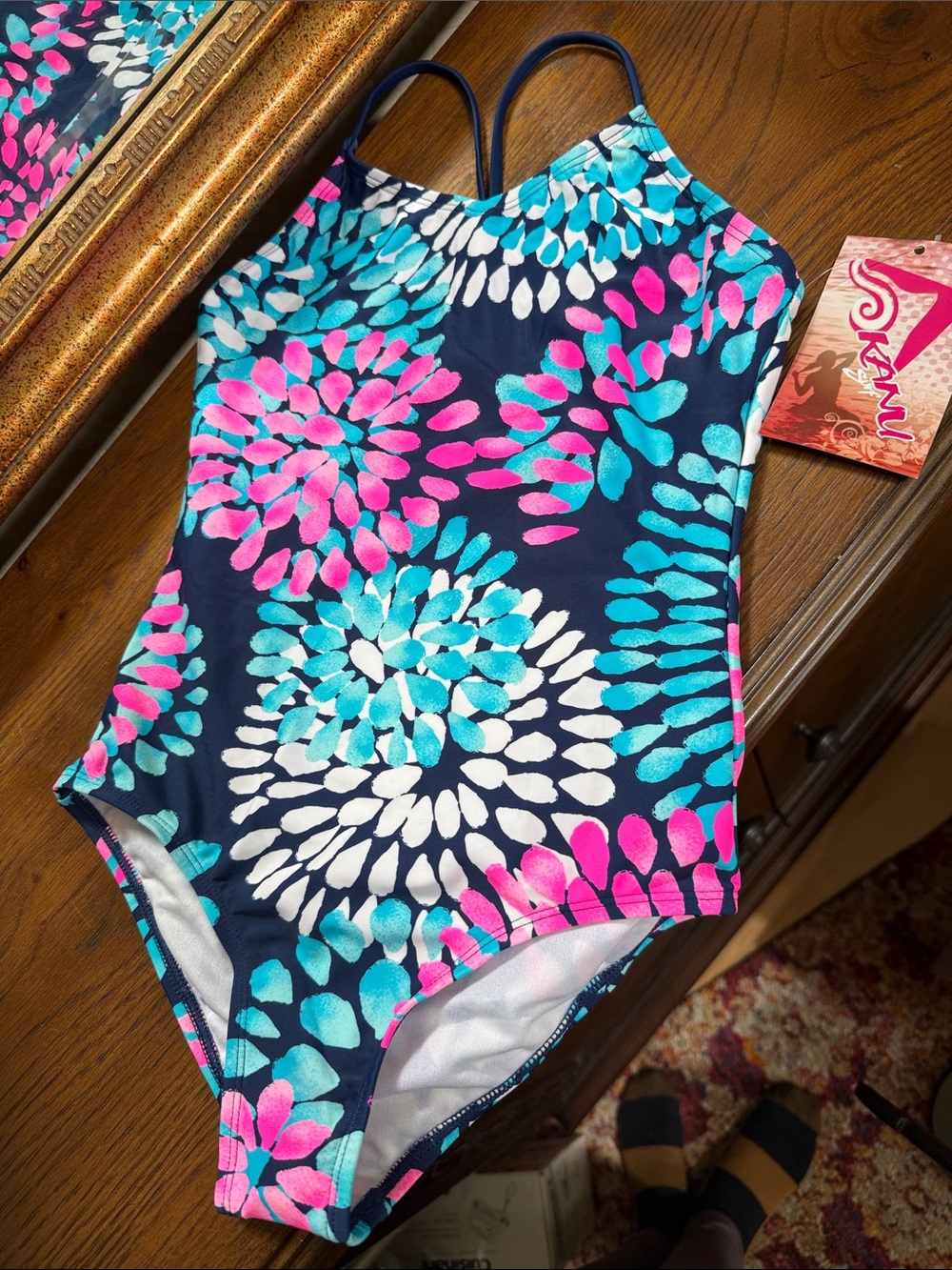 Kanu Surf Navy One-Piece Swimsuit with Pink & Turquoise Floral Print. Size 12.